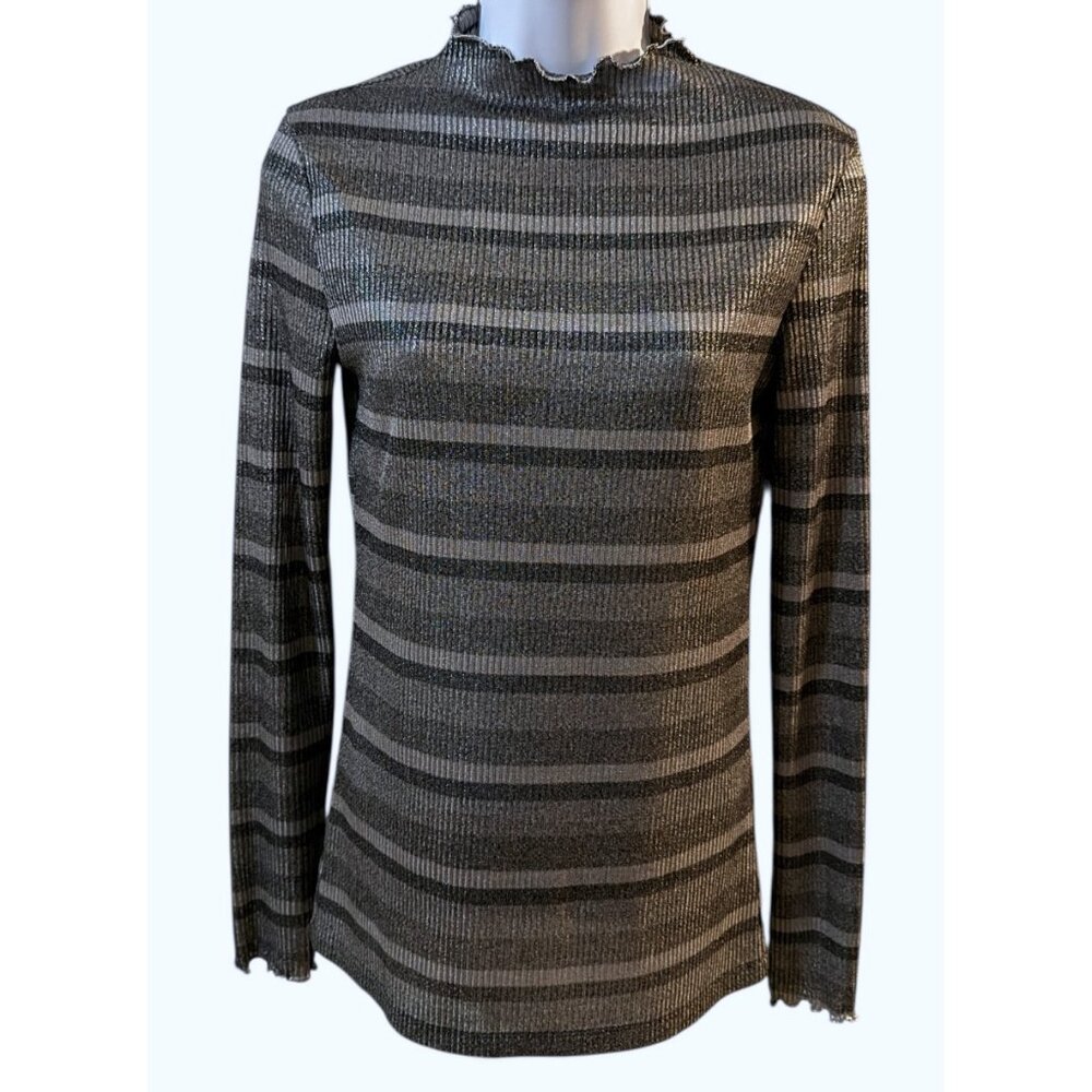 Endless Rose Mock Neck Metallic Striped Lettuce Trim Long Sleeve Top Womens  Sm